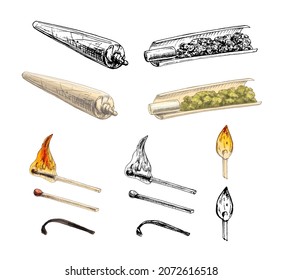 Handmade cigarettes and matches. Vintage vector hatching color hand drawn illustration isolated on white background for cannabis shop
