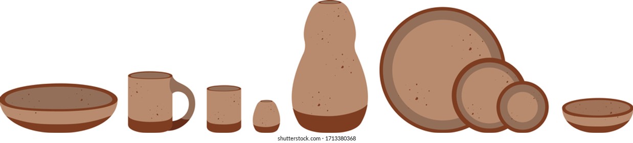 Handmade clay pottery. Isolated on white. Simple vector illustration. Seamless pattern