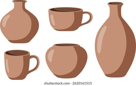 handmade clay pottery isolated vector set, traditional ceramic cups and vases collection in brown earthy tones, realistic earthenware design for crafts projects