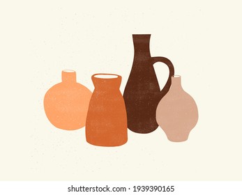 Handmade clay pottery set. Different pottery vases  with texture. Ceramics Clay vector illustration. 