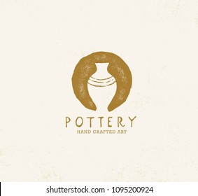 Handmade Clay Pottery Workshop. Artisanal Creative Craft Sign Concept. Organic Illustration On Textured Background.  