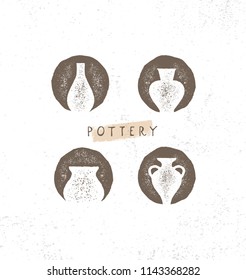 Handmade Clay Pottery Workshop. Artisanal Creative Craft Sign Concept. Organic Illustration On Textured Rough Background.