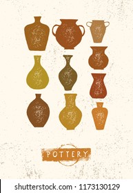 Handmade Clay Pottery Workshop. Artisanal Creative Craft Sign Concept. Organic Illustration On Textured Background. 