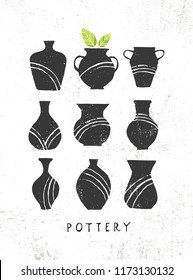 Handmade Clay Pottery Workshop. Artisanal Creative Craft Sign Concept. Organic Illustration On Textured Background. 