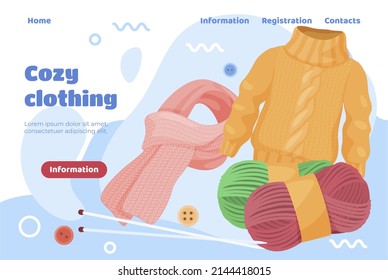 Handmade clothes landing page internet advertising with place for text vector flat illustration. Knitted cozy warm clothing production workshop fashion designer web page with yarn and knitting needles