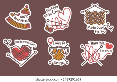 Handmade clothing sticker design, label set. Knitted with love sign at colorful tag collection, vector illustration. Creative element with limited design text, cozy fiber and yarn