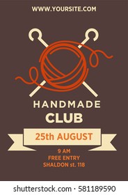 Handmade club invitation poster vector template for art and craft workshop or exhibition event on knitting or needlework