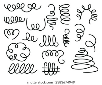 Handmade coil spring set. Wire pvector spring doodle. Metal spiral icons. Vector illustration isolated on white background.