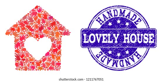 Handmade collage of lovely house and textured seal stamp. Vector blue seal with distress rubber texture. Flat mosaic design for marketing hand made templates.