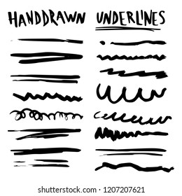 Handmade Collection Set of Underline Strokes in Marker Brush Doodle Style Various Shapes