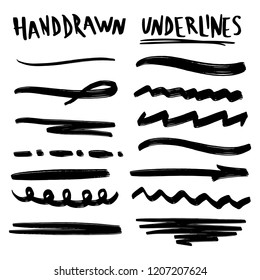 Handmade Collection Set of Underline Strokes in Marker Brush Doodle Style Various Shapes