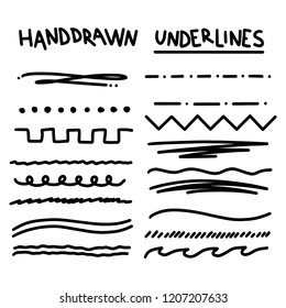 Handmade Collection Set of Underline Strokes in Marker Brush Doodle Style Various Shapes