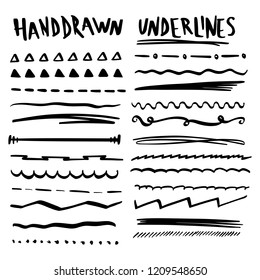 Handmade Collection Set of Underline Strokes in Marker Brush Doodle Style Various Shapes