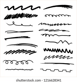 Handmade Collection Set of Underline Strokes in Marker Brush Doodle Style Various Shapes