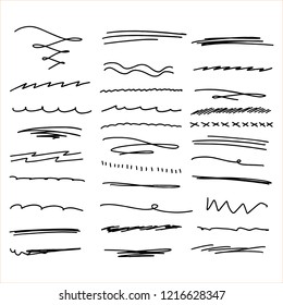 Handmade Collection Set of Underline Strokes in Marker Brush Doodle Style Various Shapes