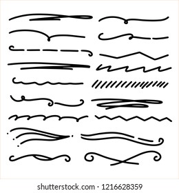 Handmade Collection Set of Underline Strokes in Marker Brush Doodle Style Various Shapes