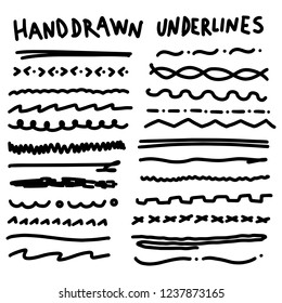 Handmade Collection Set of Underline Strokes in Marker Brush Doodle Style and Various Shapes