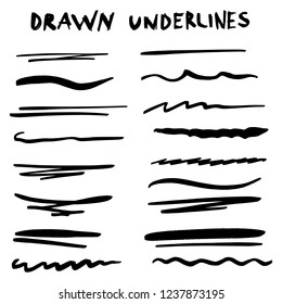 Handmade Collection Set of Underline Strokes in Marker Brush Doodle Style and Various Shapes