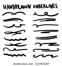 Handmade Collection Set of Underline Strokes in Marker Brush Doodle Style and Various Shapes