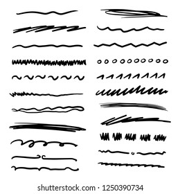 Handmade Collection Set of Underline Strokes in Marker Brush Doodle Style Various Shapes