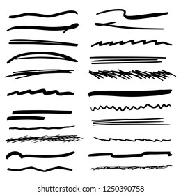 Handmade Collection Set of Underline Strokes in Marker Brush Doodle Style Various Shapes