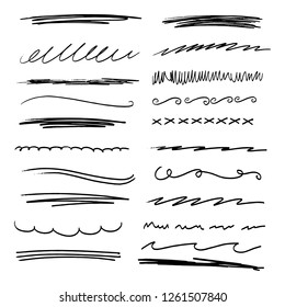 Handmade Collection Set of Underline Strokes in Marker Brush Doodle Style Various Shapes