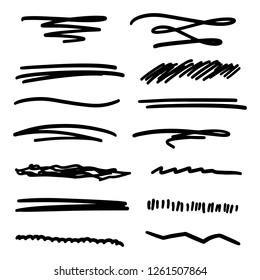 Handmade Collection Set of Underline Strokes in Marker Brush Doodle Style Various Shapes