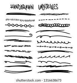 Handmade Collection Set of Underline Strokes in Marker Brush Doodle Style Various Shapes