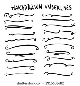 Handmade Collection Set of Underline Strokes in Marker Brush Doodle Style Various Shapes