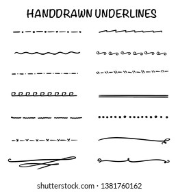 Handmade Collection Set of Underline Strokes in Marker Brush Doodle Style Various Shapes