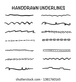 Handmade Collection Set of Underline Strokes in Marker Brush Doodle Style Various Shapes