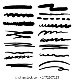 Handmade Collection Set of Underline Strokes in Marker Brush Doodle Style Various Shapes