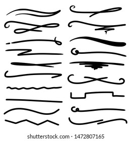 Handmade Collection Set of Underline Strokes in Marker Brush Doodle Style Various Shapes