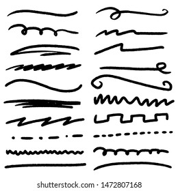 Handmade Collection Set of Underline Strokes in Marker Brush Doodle Style Various Shapes