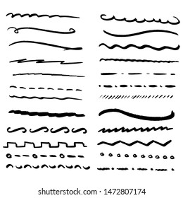 Handmade Collection Set of Underline Strokes in Marker Brush Doodle Style Various Shapes