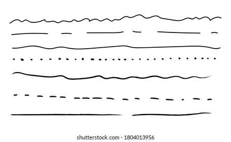 Handmade Collection Set of Underline Strokes in Marker Brush Doodle. Set of hand drawn line borders, sketch strokes, scribbles and design elements isolated on white background.