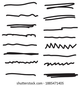 Handmade Collection Set von Underline Strikes in Marker Brush Doodle Stil Verschiedene Formen. Vektor-EPS