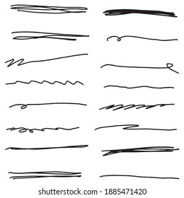 Handmade Collection Set of Underline Strokes in Marker Brush Doodle Style Various Shapes. Vector EPS