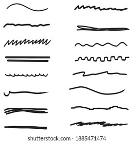 Handmade Collection Set of Underline Strokes in Marker Brush Doodle Style Various Shapes. Vector EPS