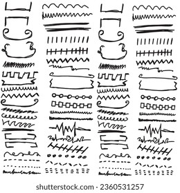 Colección hecha a mano conjunto de trazos de subrayado en el estilo de doodle de pincel de marcador varias formas que se pueden utilizar de muchas maneras