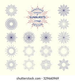 Handmade collection of sunbursts. Set of vector vintage design elements.