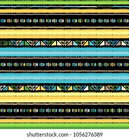 Handmade colored stripes bright tribal seamless pattern look like carpet. Boarder pattern. Tribal pattern with American Indian symbols. Hand-drawn indian background. Native american tent pattern