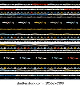 Handmade colored stripes bright tribal seamless pattern look like carpet. Boarder pattern. Tribal pattern with American Indian symbols. Hand-drawn indian background. Native american tent pattern