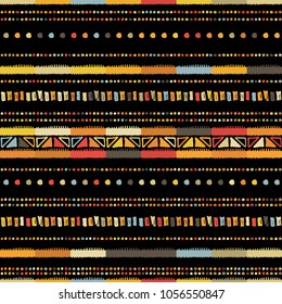 Handmade colored stripes bright tribal seamless pattern look like carpet. Boarder pattern. Tribal pattern with American Indian symbols. Hand-drawn indian background. Native american tent pattern