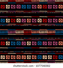 Handmade colored stripes bright tribal seamless pattern look like carpet. Boarder pattern. Tribal pattern with American Indian symbols. Hand-drawn indian background. Native american tent pattern