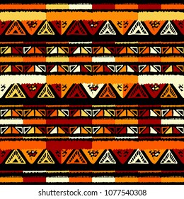 Handmade colored stripes bright tribal seamless pattern look like carpet. Boarder pattern. Tribal pattern with American Indian symbols. Hand-drawn indian background. Native american tent pattern