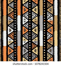 Handmade colored stripes bright tribal seamless pattern look like carpet. Boarder pattern. Tribal pattern with American Indian symbols. Hand-drawn indian background. Native american tent pattern