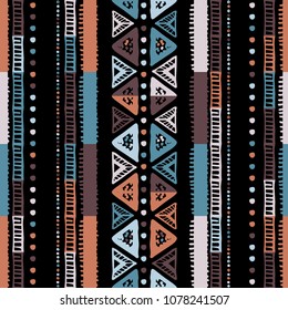 Handmade colored stripes bright tribal seamless pattern look like carpet. Boarder pattern. Tribal pattern with American Indian symbols. Hand-drawn indian background. Native american tent pattern