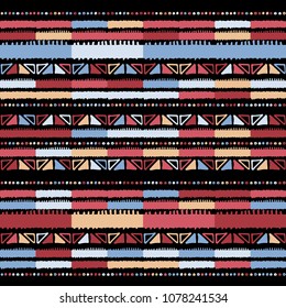 Handmade colored stripes bright tribal seamless pattern look like carpet. Boarder pattern. Tribal pattern with American Indian symbols. Hand-drawn indian background. Native american tent pattern