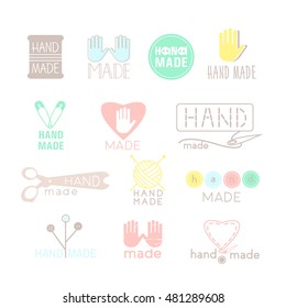 Handmade colorful icons isolated on white. Set of hand made labels, badges and logos for design. Handmade workshop logo set. Vector illustration